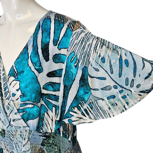 Simply Art Dolcezza Palm Leaf Printed V-Neck Flutter Sleeve Dress, Smocked, L - Picture 4 of 9